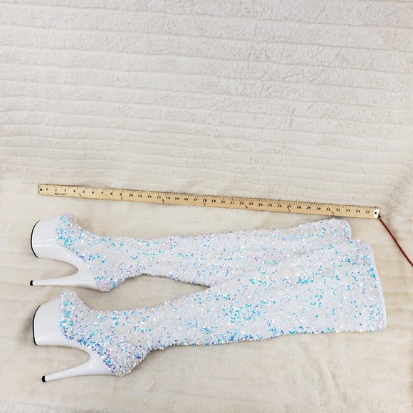 White Ice Multi Stretch Sequin Platform 7" Heels Thigh High Boots 3020 - Picture 13 of 13